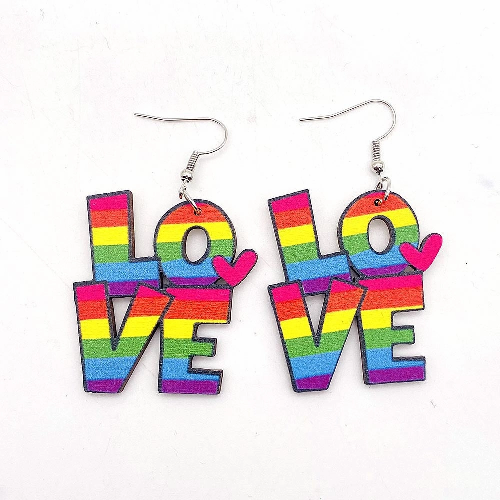 Wholesale Valentine's Day Rainbow LOVE LGBT Wooden Earrings
