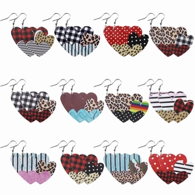 Wholesale Valentine's Day Red and Black Plaid Stripe Tie Dyed Leopard Heart Double Sided Leather Earrings