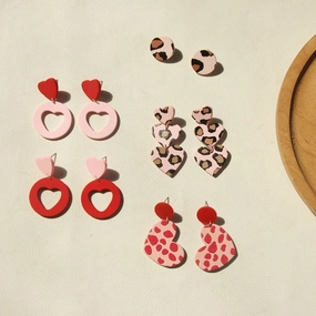 Wholesale Valentine's Day Red Pink Heart Leopard Print Long Retro Acrylic Earrings