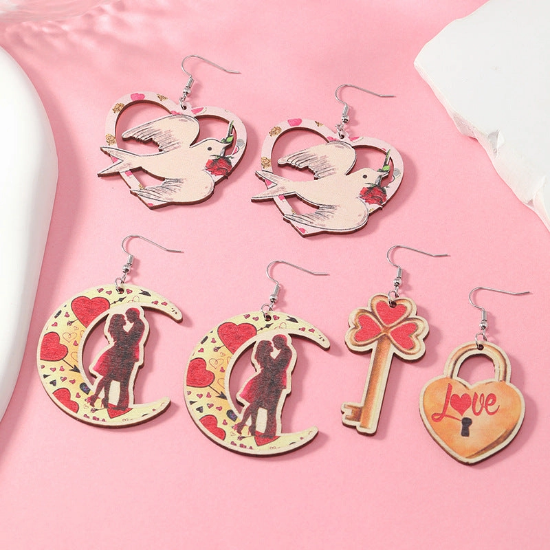 Wholesale Valentine's Day Rose Asymmetric Wooden Earrings