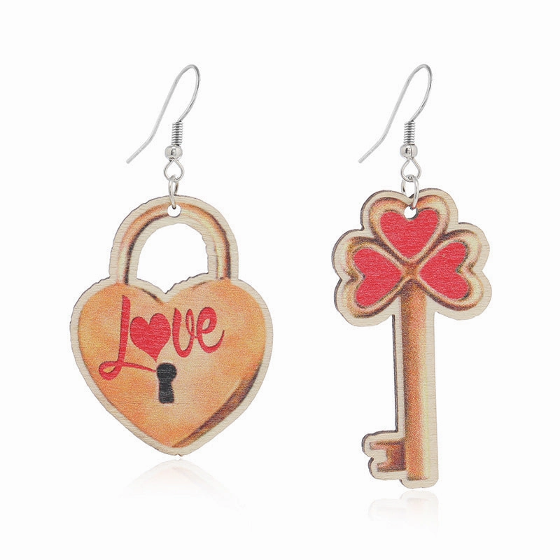 Wholesale Valentine's Day Rose Asymmetric Wooden Earrings