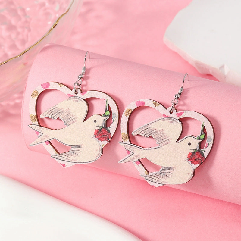 Wholesale Valentine's Day Rose Asymmetric Wooden Earrings