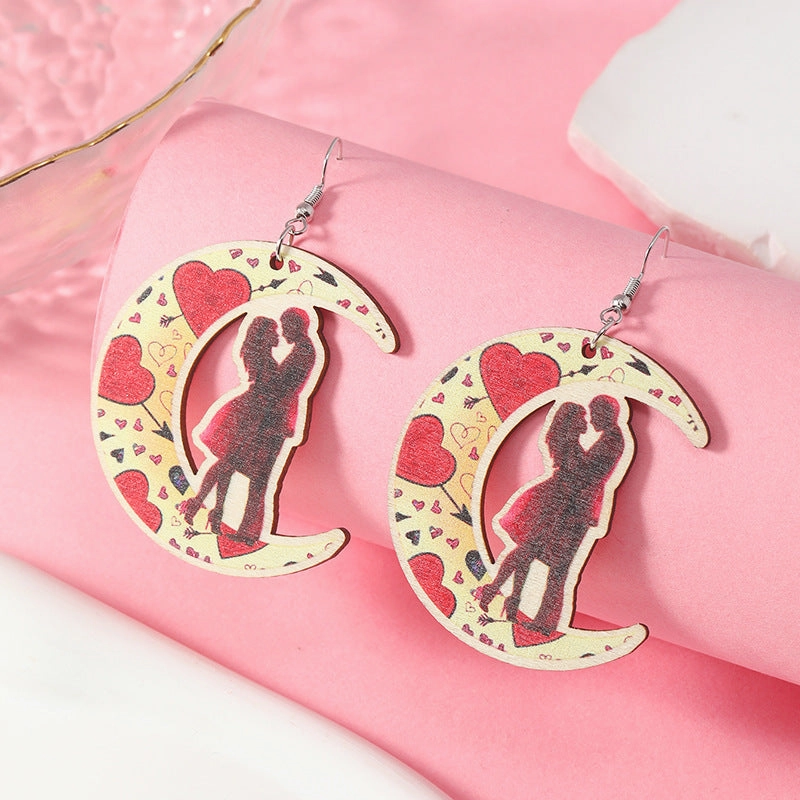 Wholesale Valentine's Day Rose Asymmetric Wooden Earrings