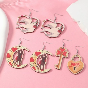 Wholesale Valentine's Day Rose Asymmetric Wooden Earrings
