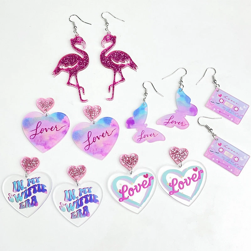 Wholesale Valentine's Day Sparkling Pink Butterfly Love Acrylic Earrings
