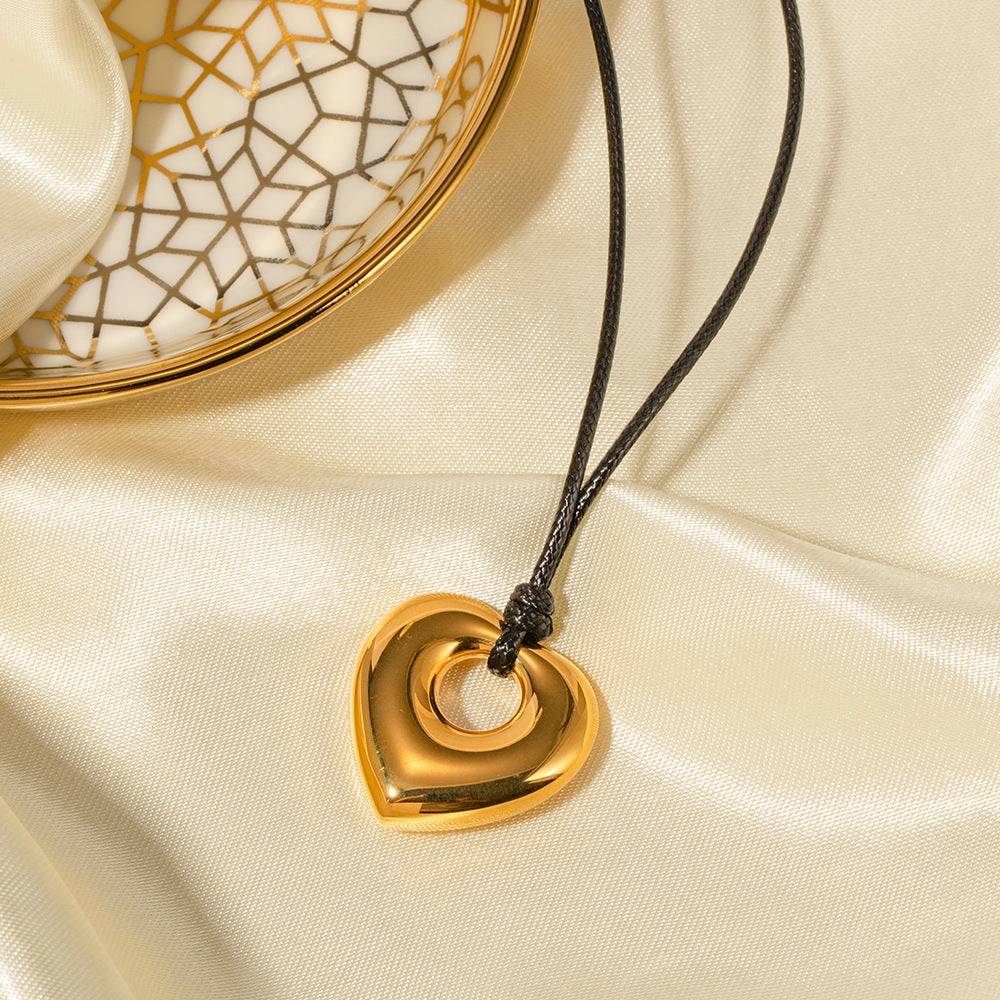 Wholesale Valentine's Day Stainless Steel Black Wax Rope Hollow Love Necklace