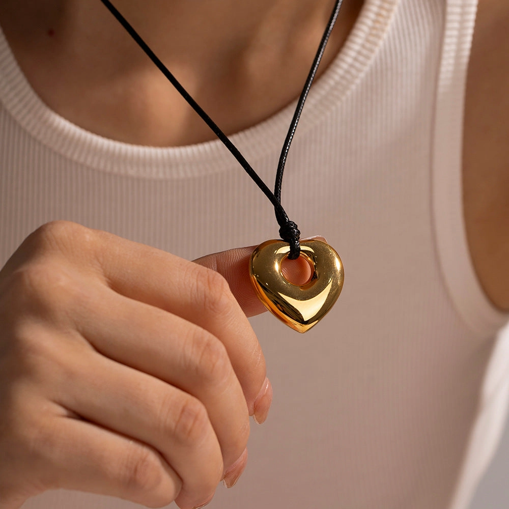 Wholesale Valentine's Day Stainless Steel Black Wax Rope Hollow Love Necklace