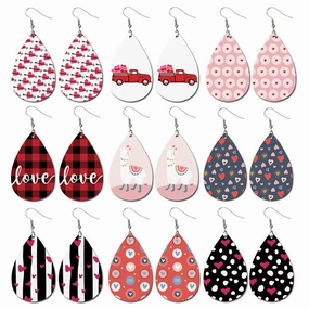 Wholesale Valentine's Day Striped Heart Shape Carriage Love Leather Drop Shape Earrings