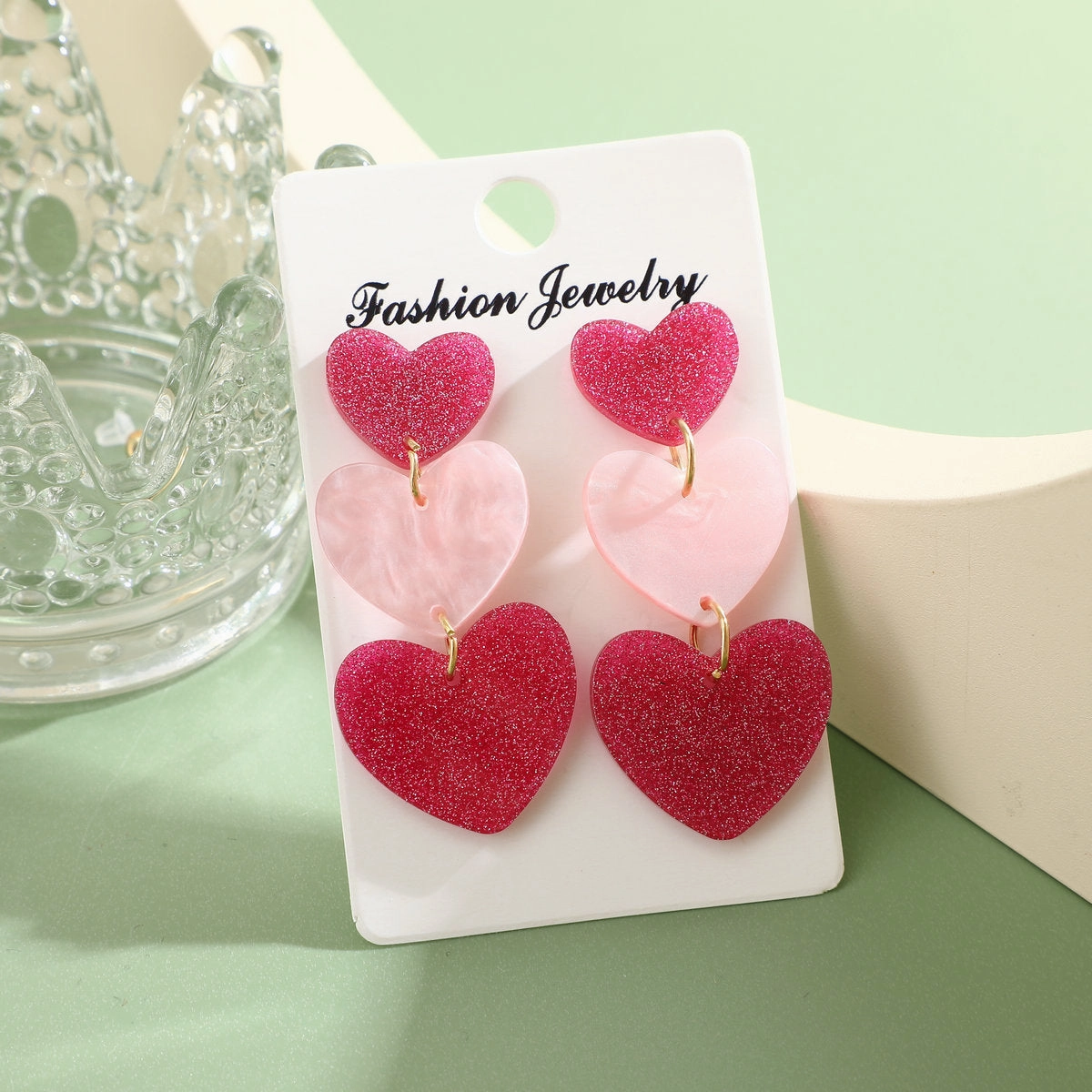 Wholesale Valentine's Day Three Layer Heart Pink Acrylic Earrings