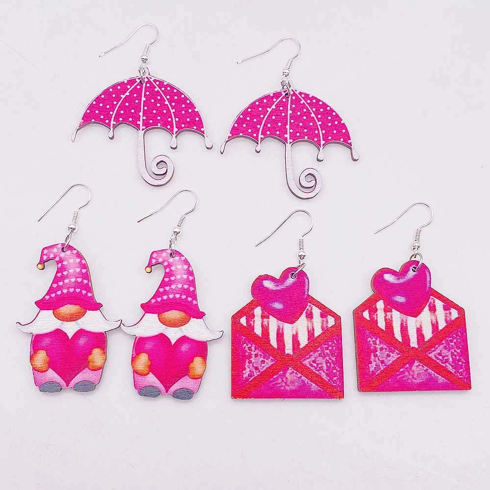 Wholesale Valentine's Day Western Style Cowboy Hat Wooden Earrings Pink Love Coffee Cup Earrings