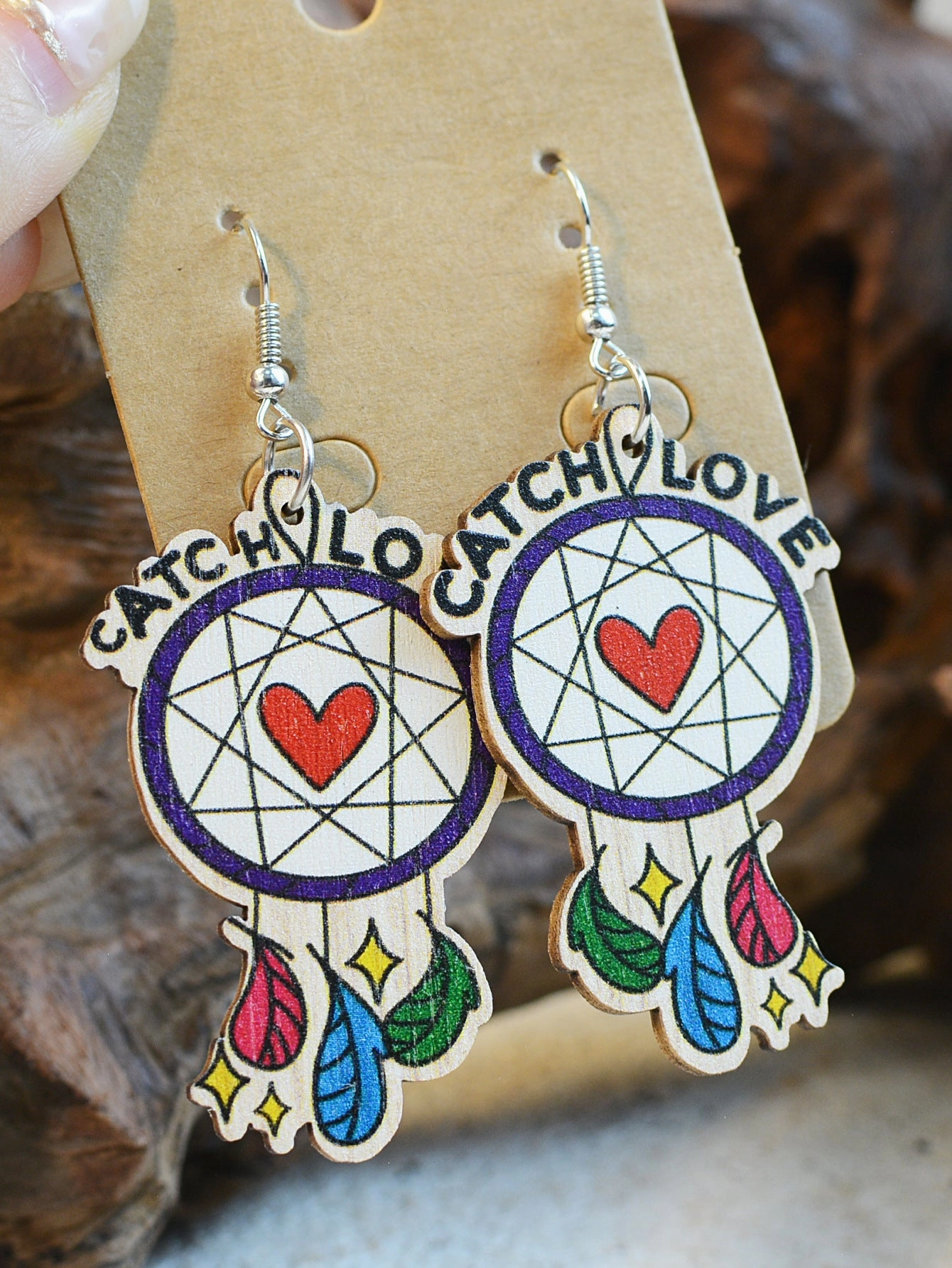 Wholesale Valentine's Day Wooden Dream Catcher Feather Earrings