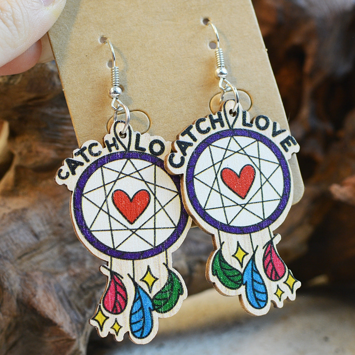 Wholesale Valentine's Day Wooden Dream Catcher Feather Earrings
