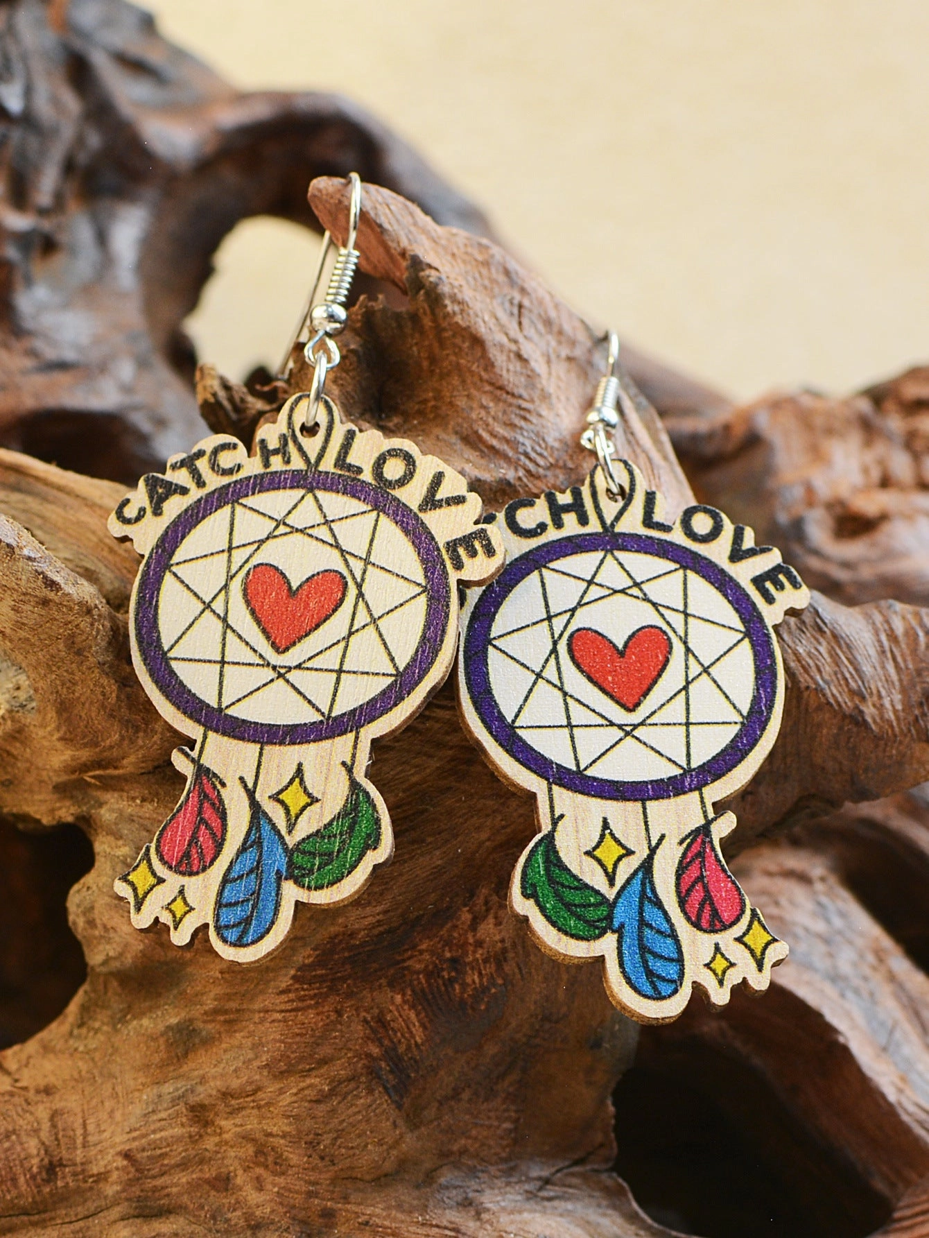 Wholesale Valentine's Day Wooden Dream Catcher Feather Earrings