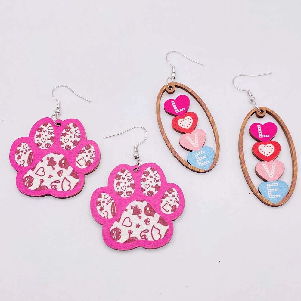 Wholesale Valentine's Day Wooden Earrings Pink Cat Claw LOVE Love Earrings