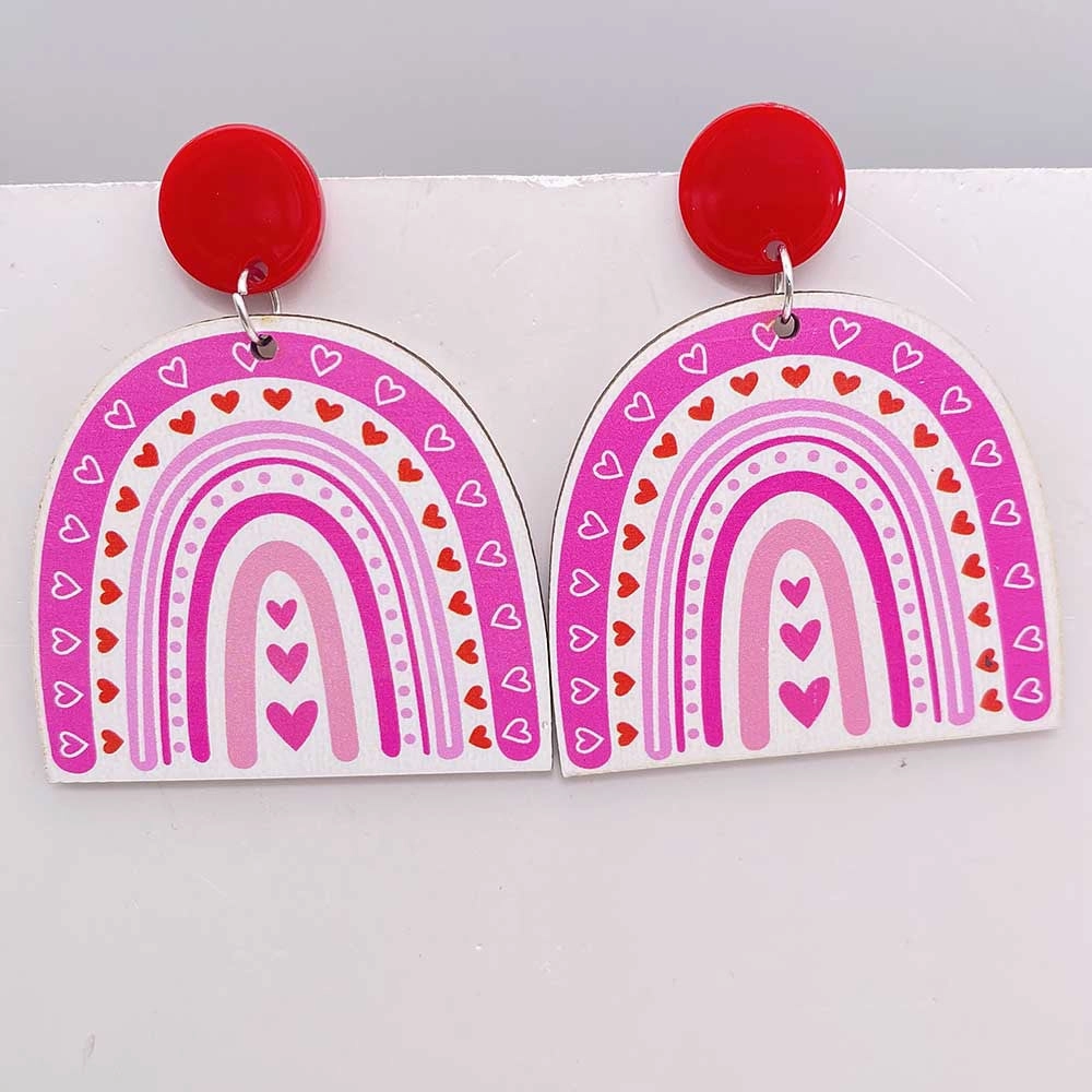 Wholesale Valentine's Day Wooden Earrings Pink Dwarf Leopard Pattern Heart Earrings