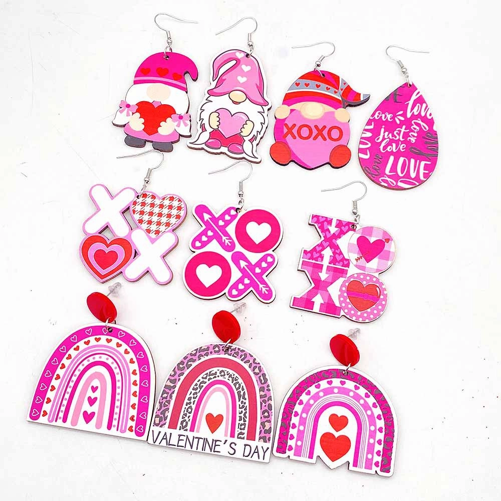 Wholesale Valentine's Day Wooden Earrings Pink Dwarf Leopard Pattern Heart Earrings