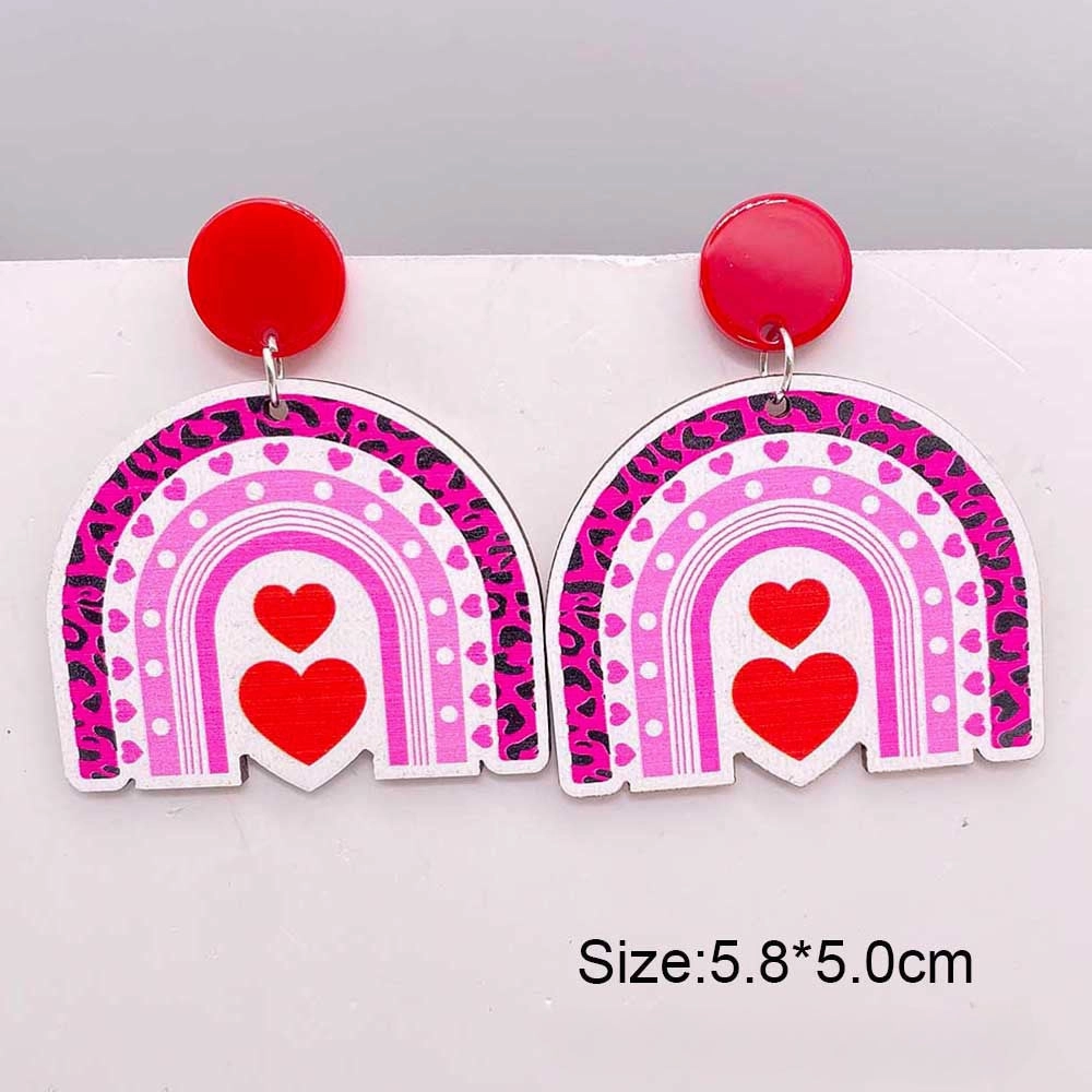 Wholesale Valentine's Day Wooden Earrings Pink Dwarf Leopard Pattern Heart Earrings