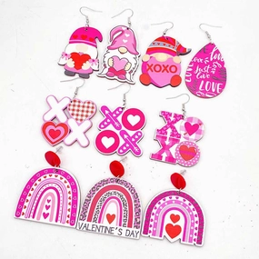 Wholesale Valentine's Day Wooden Earrings Pink Dwarf Leopard Pattern Heart Earrings