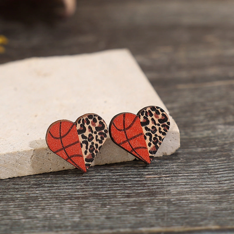 Wholesale Valentine's Day Wooden Heart Shape Leopard Print Stud Earrings
