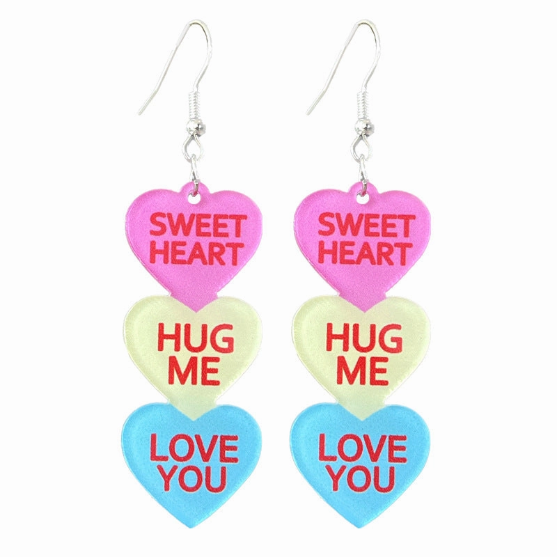 Wholesale Valentine's Day Word Candy Multicolor Heart Acrylic Denim Love Earrings
