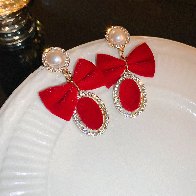 Wholesale Velvet Red Bow Oval Pearl Earrings