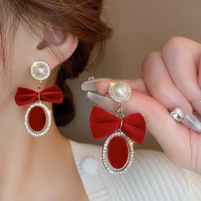 Wholesale Velvet Red Bow Oval Pearl Earrings