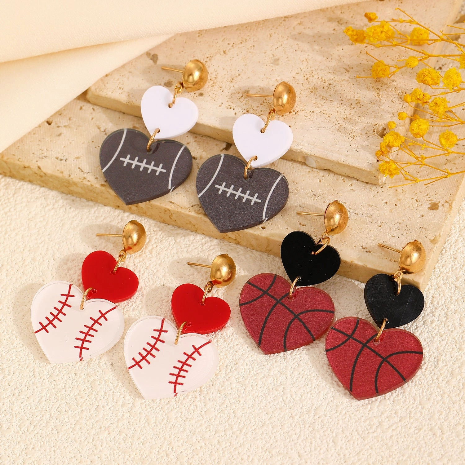 Wholesale Vintage Acrylic Heart Panel Double Heart Rugby Drop Earrings