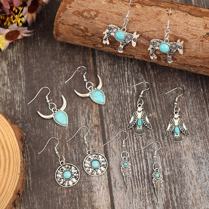Wholesale Vintage Alloy Blue Turquoise Horn Earrings
