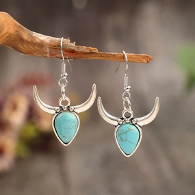 Wholesale Vintage Alloy Blue Turquoise Horn Earrings
