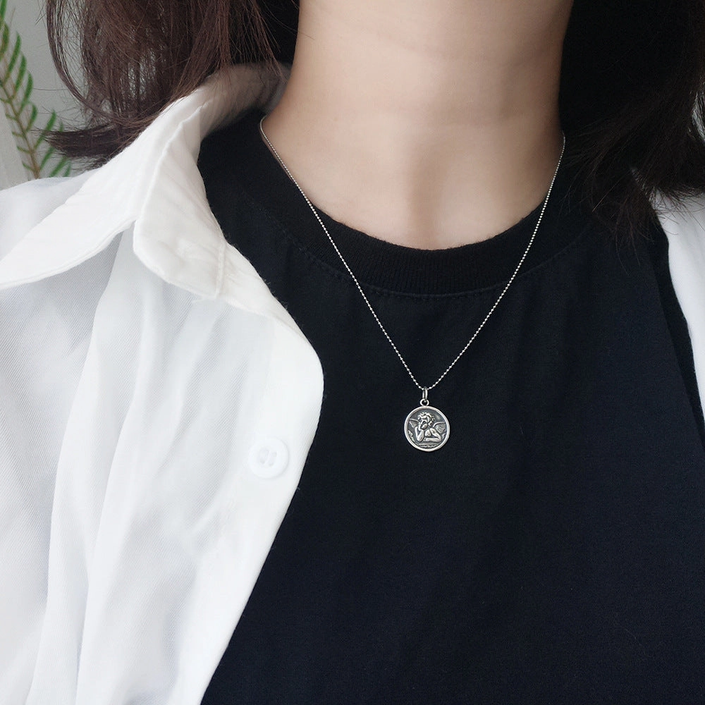 Wholesale Vintage Angel Baby Round Plate 925 Sterling Silver Clavicle Necklace