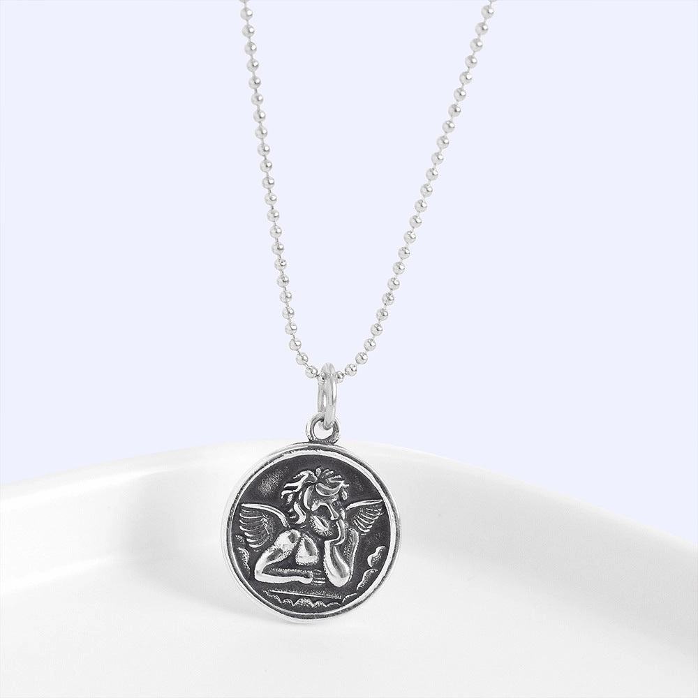 Wholesale Vintage Angel Baby Round Plate 925 Sterling Silver Clavicle Necklace