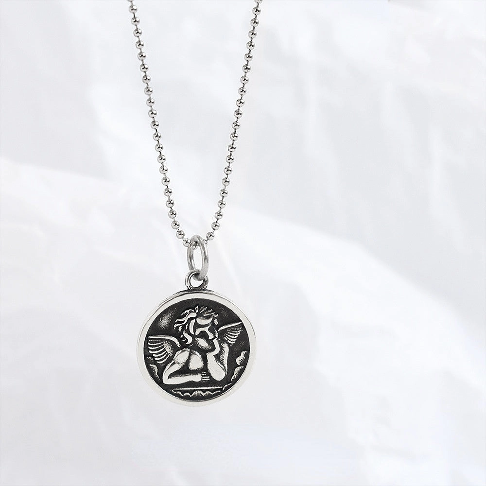 Wholesale Vintage Angel Baby Round Plate 925 Sterling Silver Clavicle Necklace