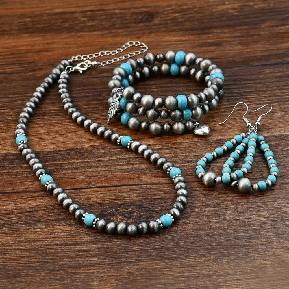 Wholesale Vintage Antique Pewter Beaded Necklace Bracelet Drop Shaped Earrings Jewelry Set
