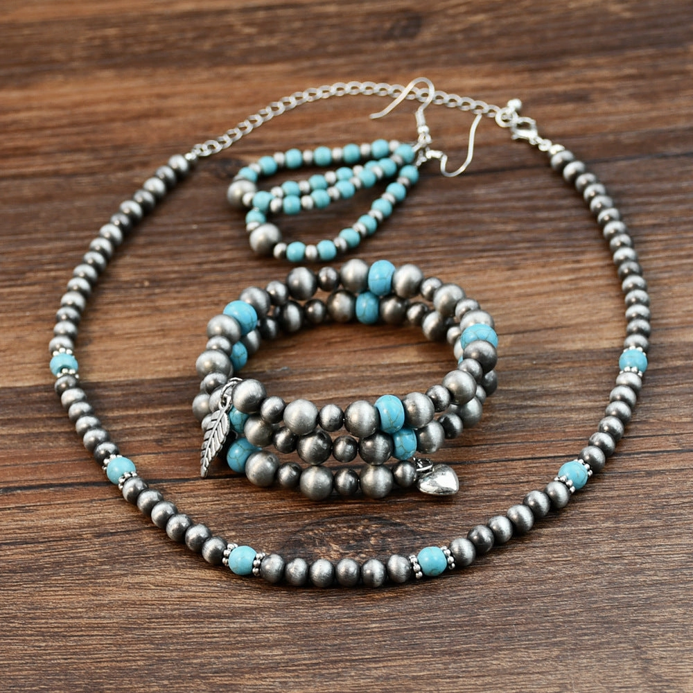Wholesale Vintage Antique Pewter Beaded Necklace Bracelet Drop Shaped Earrings Jewelry Set
