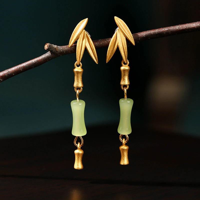 Wholesale Vintage Bamboo Long Section Imitation Jade Earrings