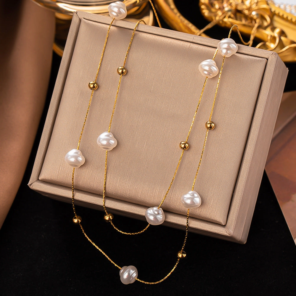 Wholesale Vintage Baroque Pearl Double Layer Clavicle Titanium Steel Necklace