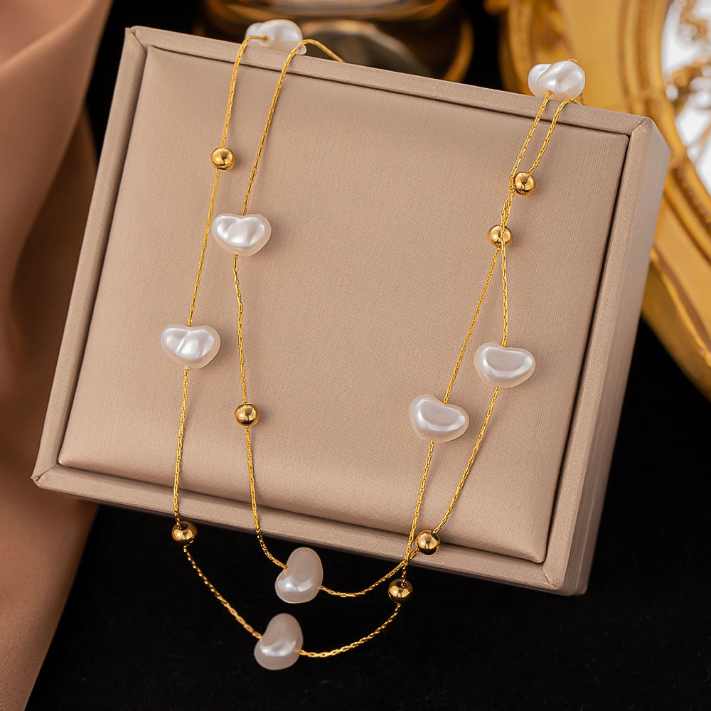 Wholesale Vintage Baroque Pearl Double Layer Clavicle Titanium Steel Necklace