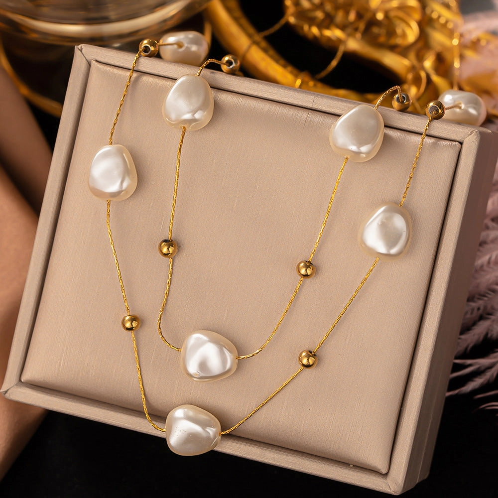 Wholesale Vintage Baroque Pearl Double Layer Clavicle Titanium Steel Necklace