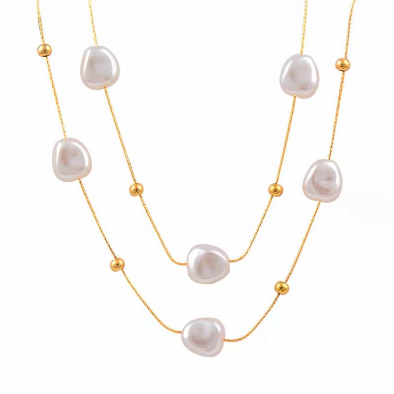 Wholesale Vintage Baroque Pearl Double Layer Clavicle Titanium Steel Necklace