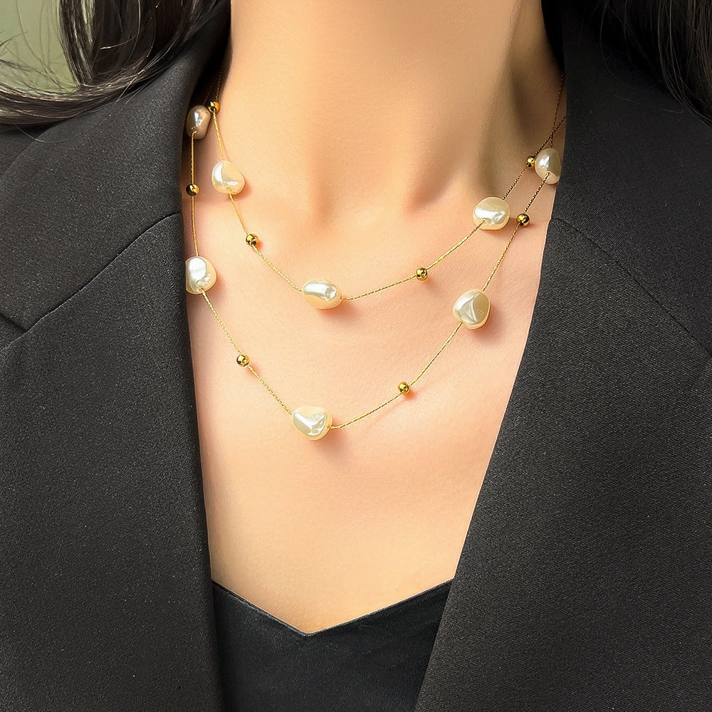 Wholesale Vintage Baroque Pearl Double Layer Clavicle Titanium Steel Necklace