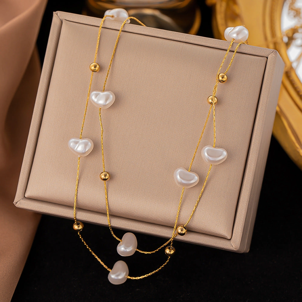Wholesale Vintage Baroque Pearl Double Layer Clavicle Titanium Steel Necklace