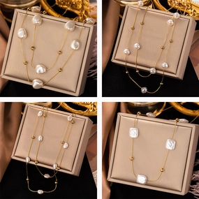 Wholesale Vintage Baroque Pearl Double Layer Clavicle Titanium Steel Necklace