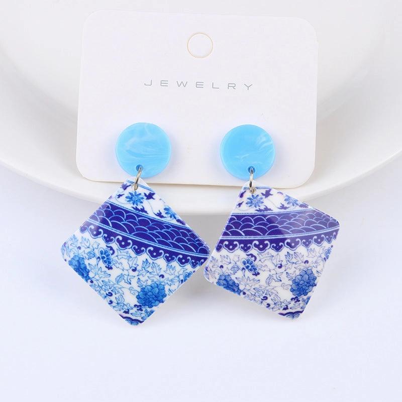 Wholesale Vintage Blue and White Porcelain Fragments Acrylic Earrings