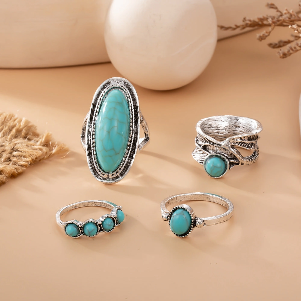 Wholesale Vintage Bohemian Feather Large Turquoise 4-Piece Ring Set