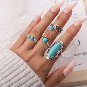 Wholesale Vintage Bohemian Feather Large Turquoise 4-Piece Ring Set