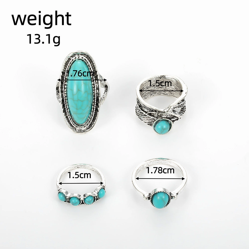 Wholesale Vintage Bohemian Feather Large Turquoise 4-Piece Ring Set