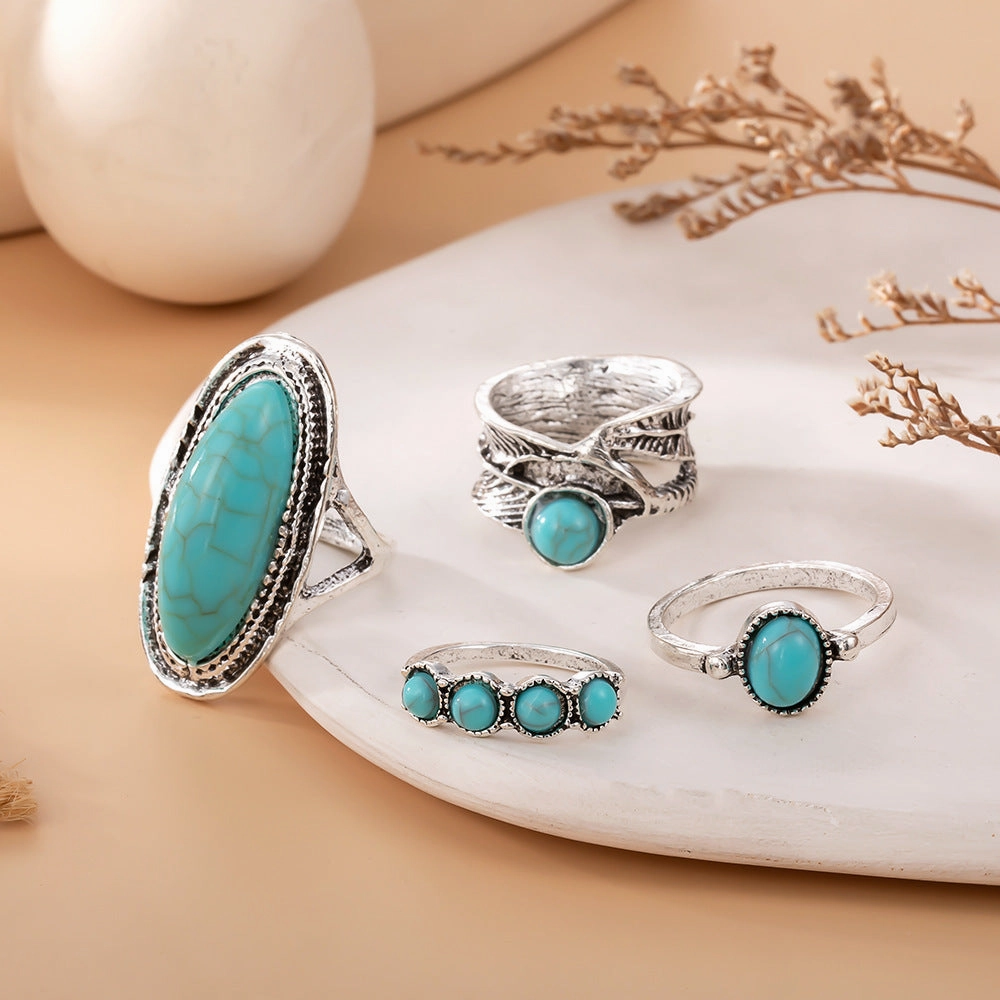 Wholesale Vintage Bohemian Feather Large Turquoise 4-Piece Ring Set