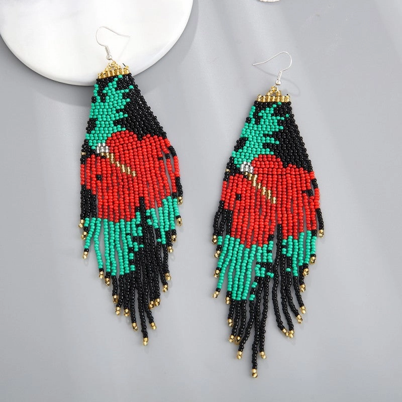 Wholesale Vintage Bohemian Flowers Rice Beads Ethnic Style Tassel Earrings