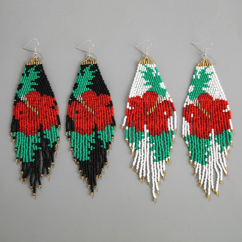 Wholesale Vintage Bohemian Flowers Rice Beads Ethnic Style Tassel Earrings