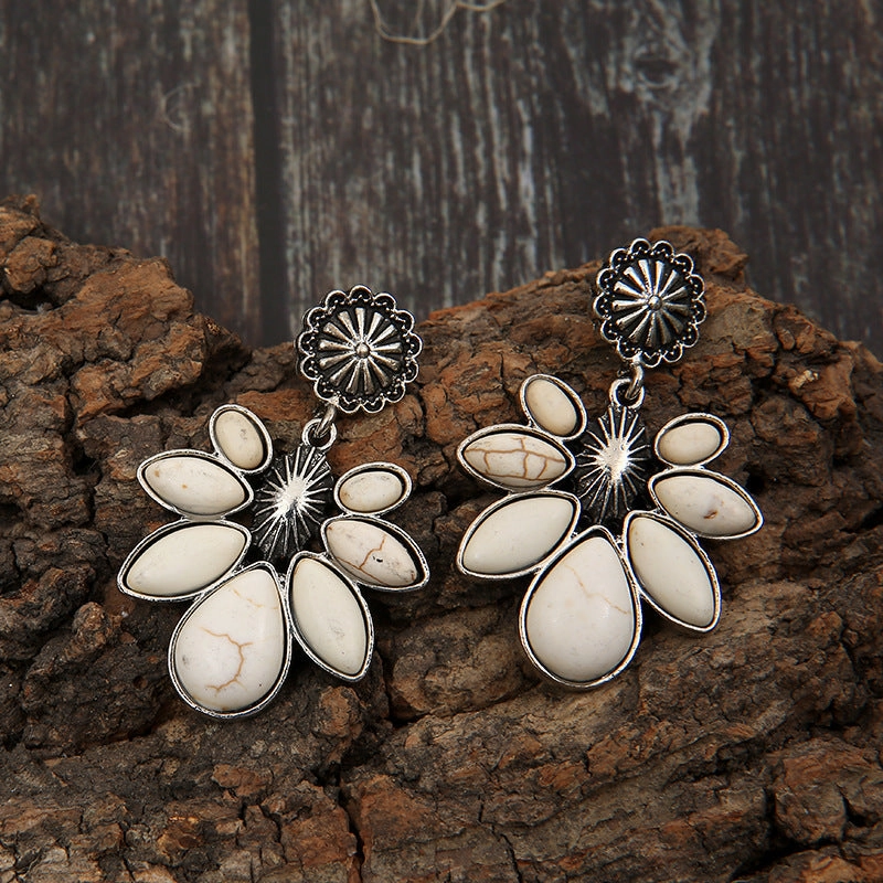 Wholesale Vintage Bohemian Flowers Turquoise Alloy Earrings